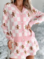 Sarah Express Women's Gingerbread Checkered Cardigan and Skirt Sweater Set