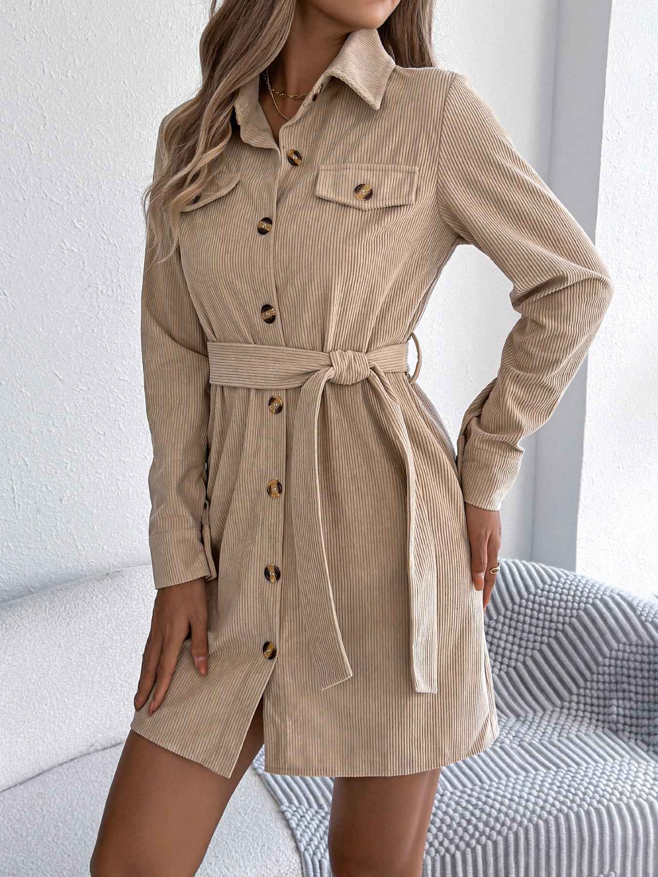 Sarah Express Women's Corduroy Shirt Dress - Long Sleeve Button Front Casual Dress Khaki