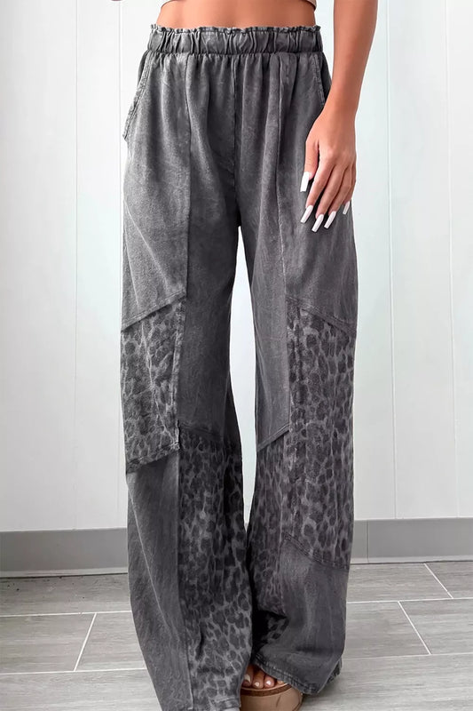 Sarah Express Women's Mineral Wash Leopard Patchwork Loose Pants Dark Gray