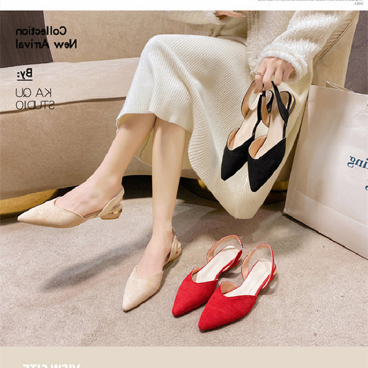 Sarah Express Women's Pointed-Toe Low-Heel Suede Sandals | Open-Back Slip-On | Black Red Beige