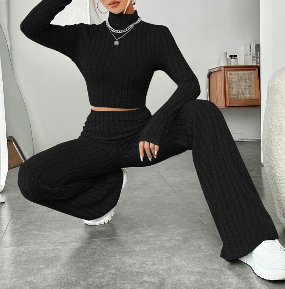 Sarah Express Women's Turtleneck Top and Wide Leg Pants Two-Piece Set Cotton Loungewear Suit