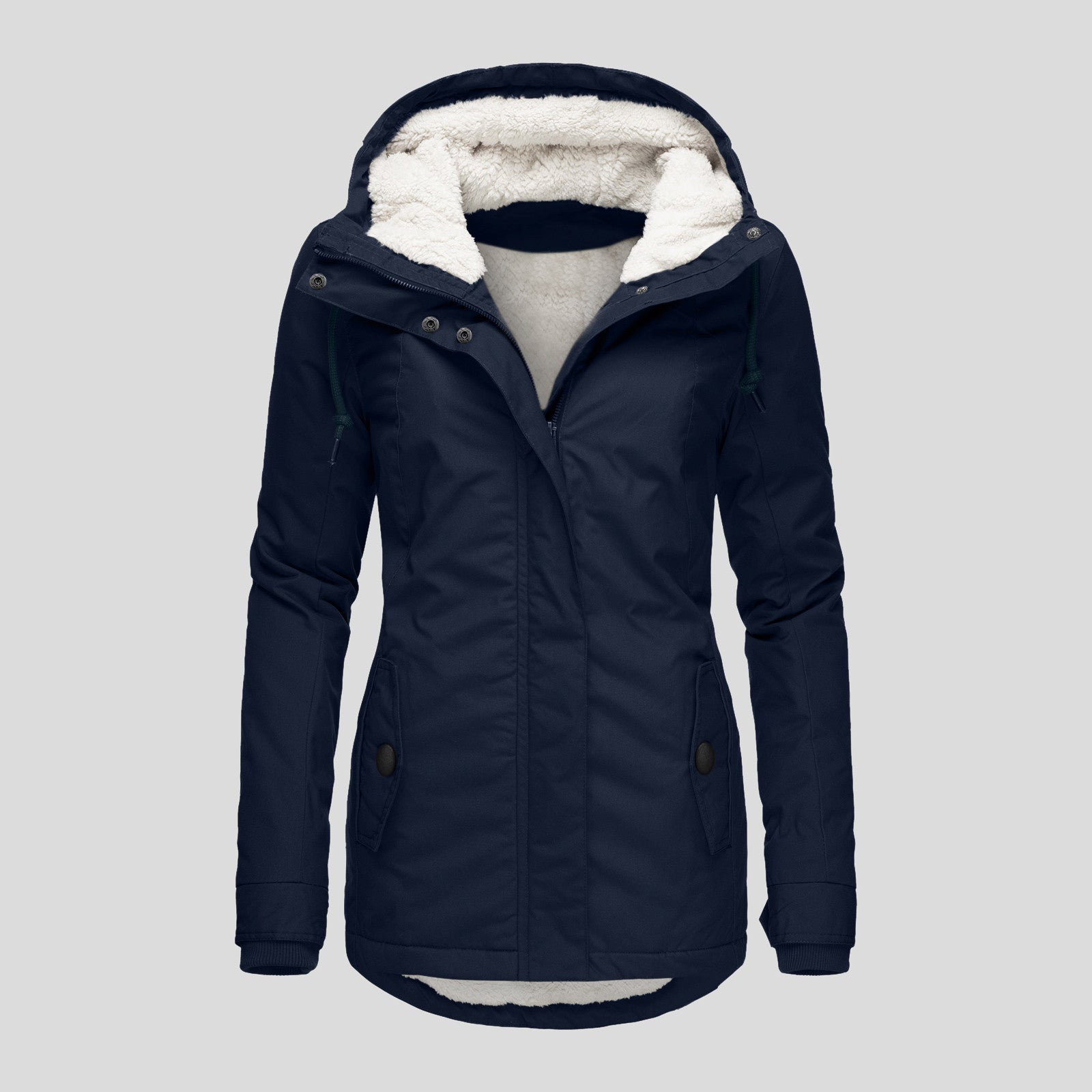 Sarah Express Women's Winter Hooded Fleece Jacket - Warm Buckle Zip-Up Coat with Pockets Navy Blue XS