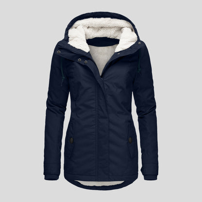 Sarah Express Women's Winter Hooded Fleece Jacket - Warm Buckle Zip-Up Coat with Pockets Navy Blue XS
