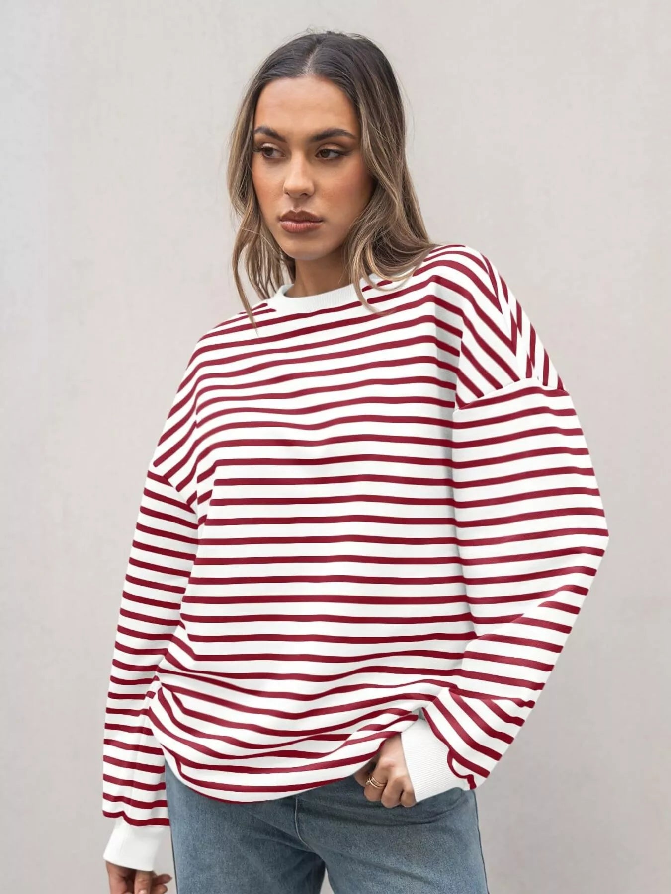 Sarah Express Women's Striped Round Neck Oversized Casual Sweatshirt Red