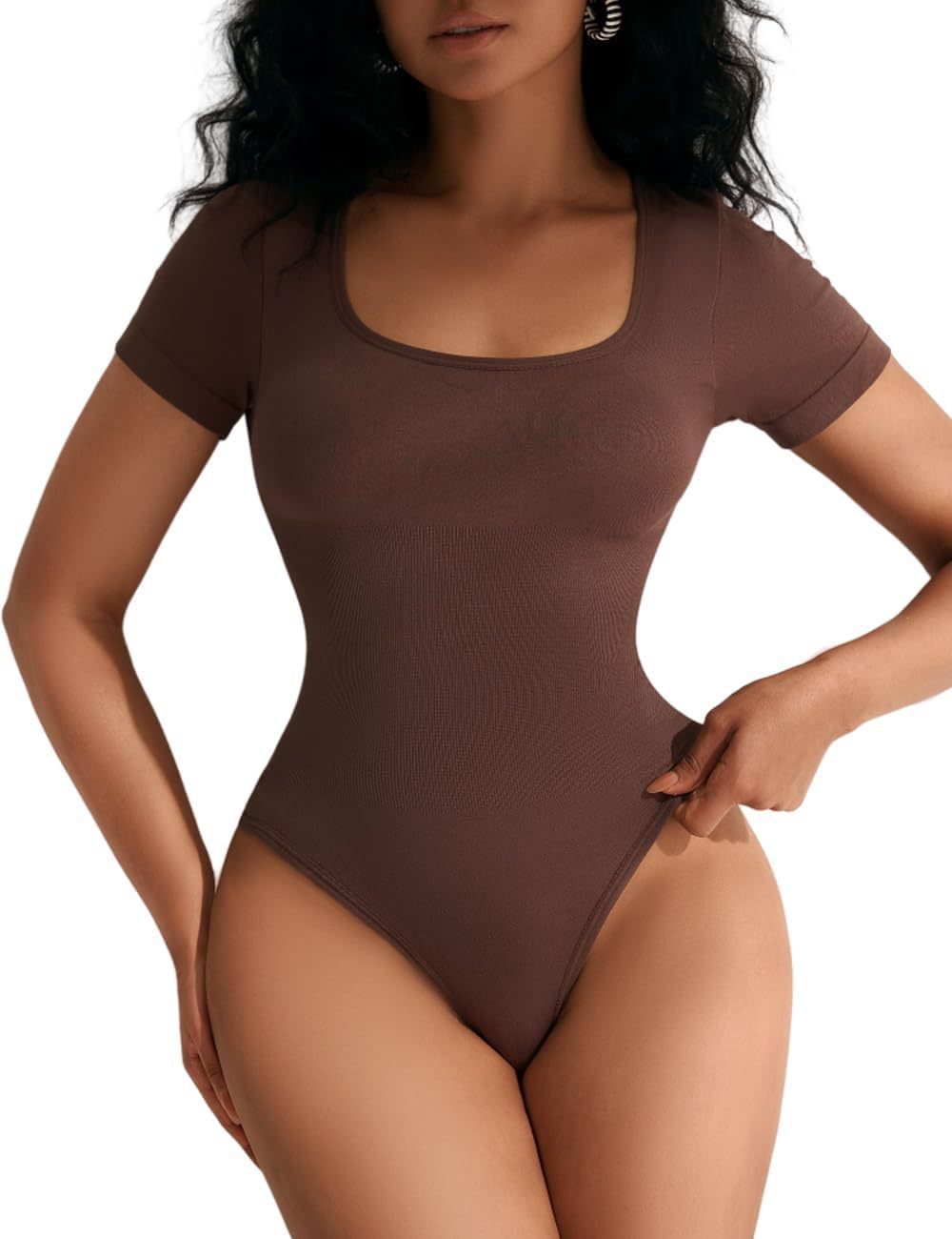 Sarah Express Women's Square Neck Cinched Waist Seamless Bodysuit - Shaping Short Sleeve Top