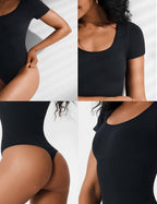 Sarah Express Women's Square Neck Cinched Waist Seamless Bodysuit - Shaping Short Sleeve Top