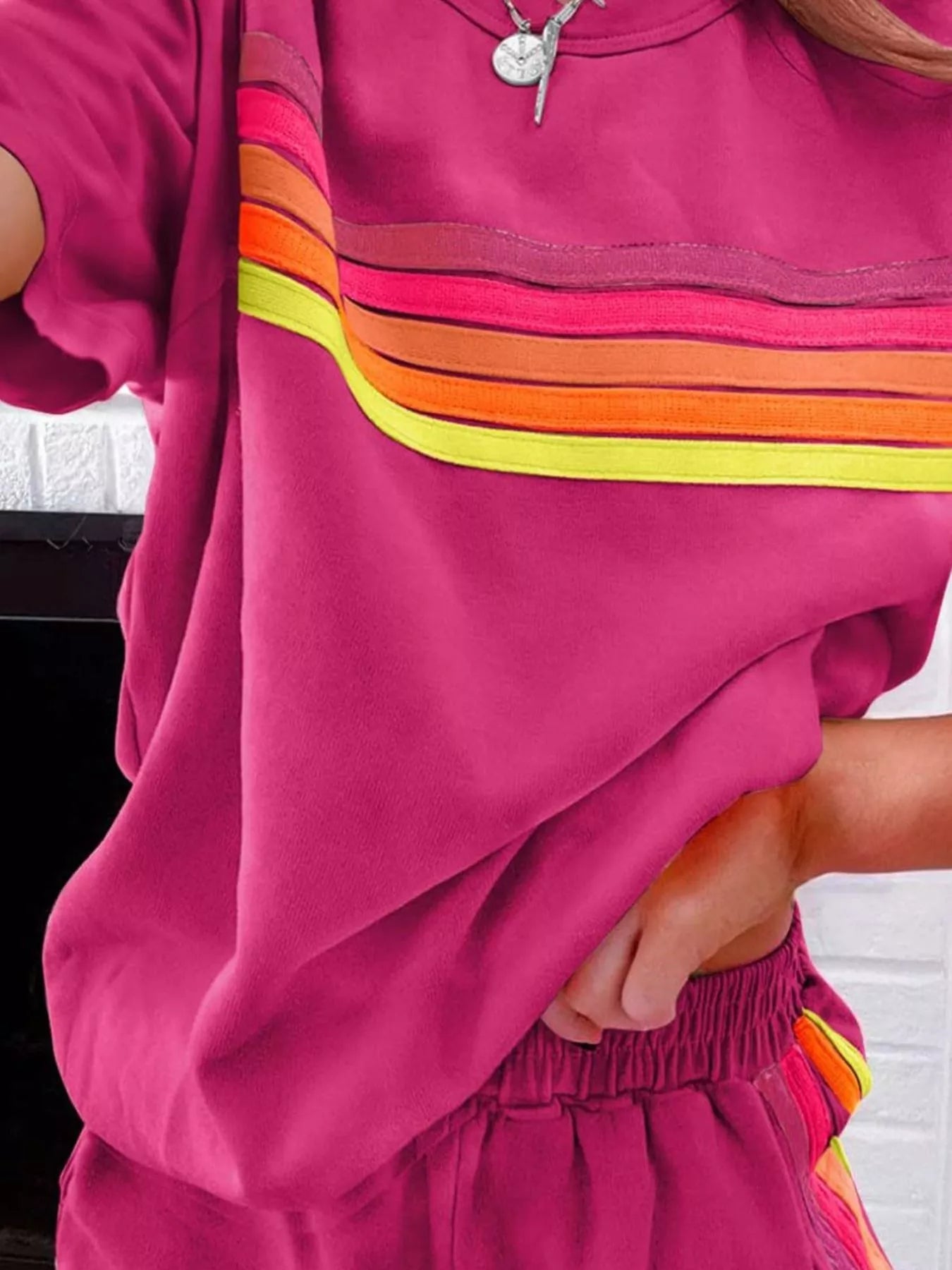 Sarah Express Women's Rainbow Striped Two Piece Set - Round Neck Top & Shorts Lounge Set