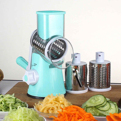 Sarah Express 3-in-1 Rotary Vegetable Slicer Mandoline Grater - Stainless Steel Blades for Potato, Carrot, Cheese Blue green