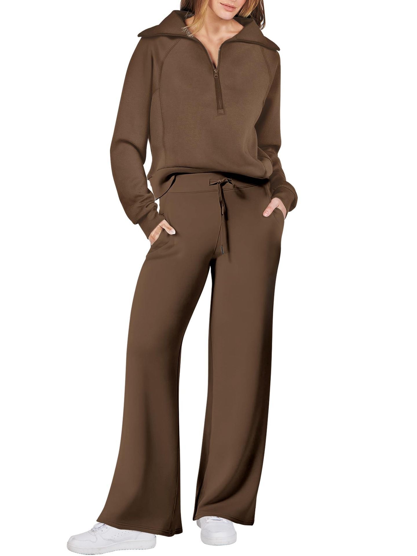 Sarah Express Women's Long Sleeve Zipper Sweatshirt and Wide-Leg Pants Athleisure Set