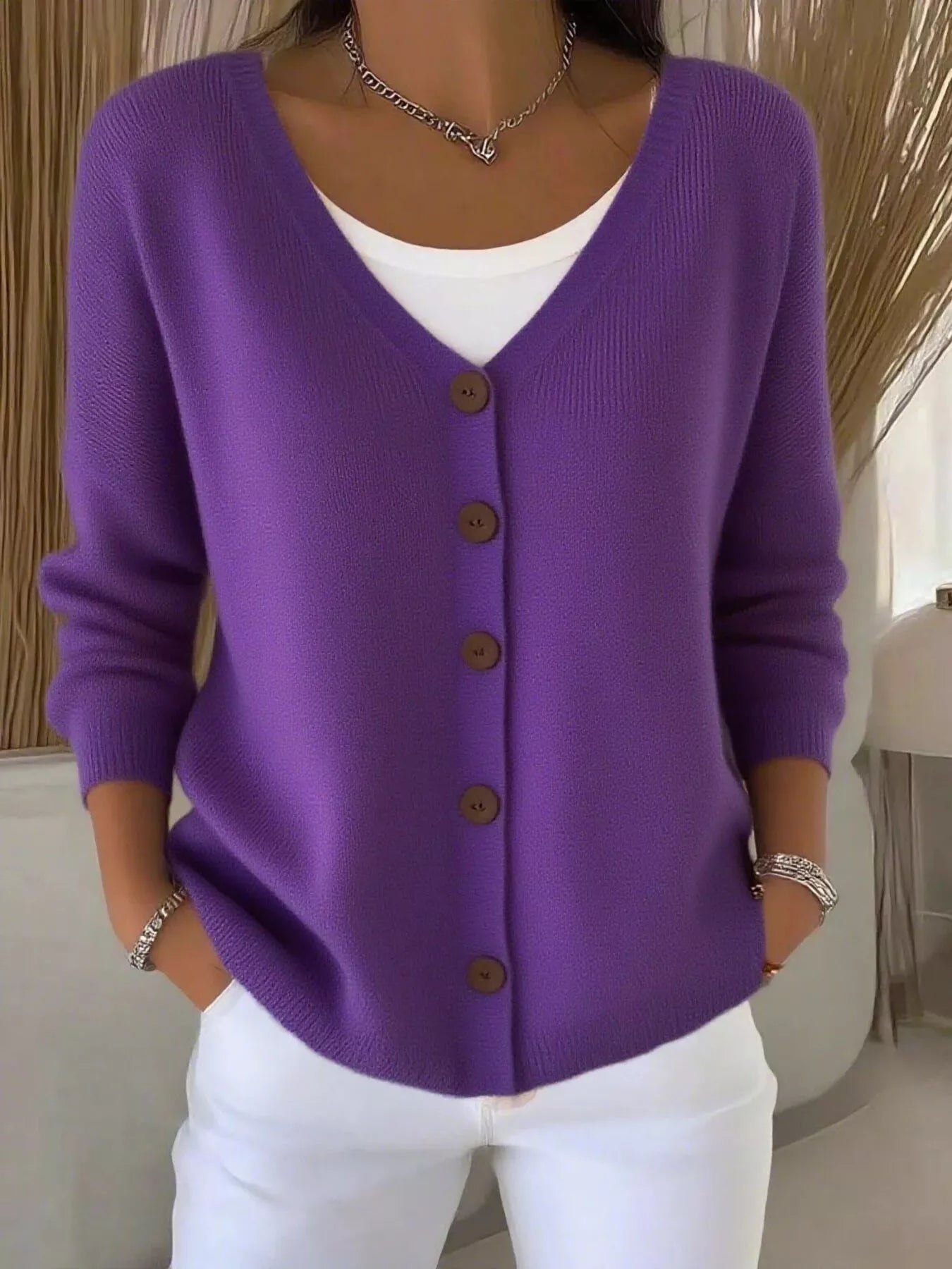 Sarah Express Women's V-Neck Button-Down Knit Cardigan Plus Size Purple
