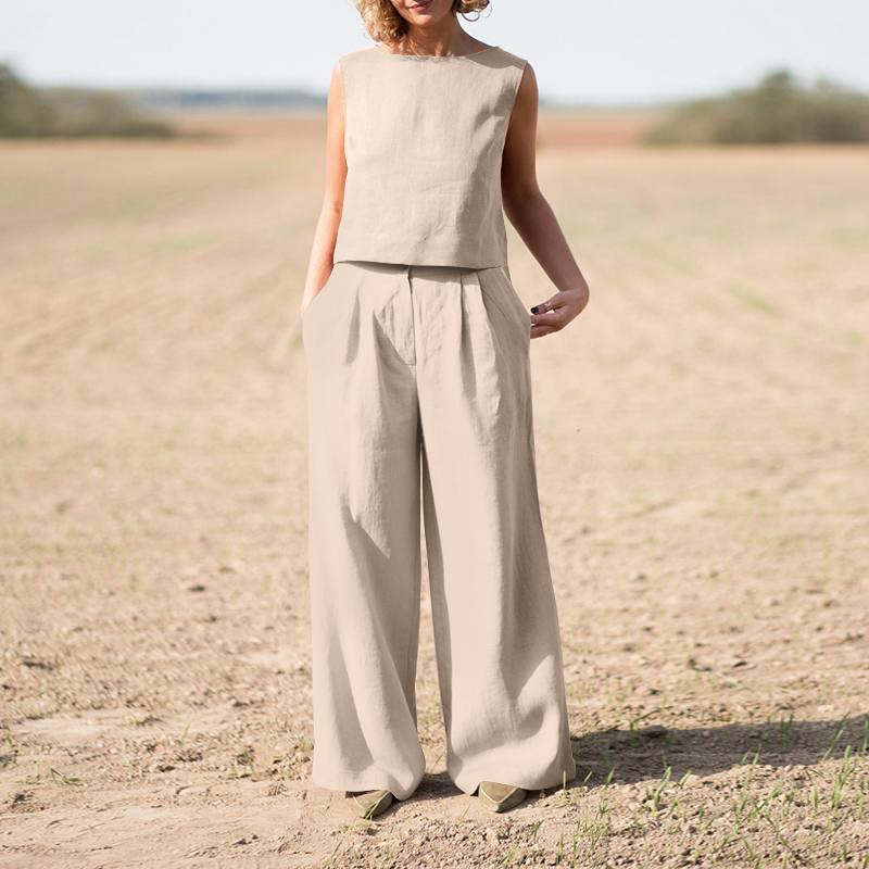 Sarah Express Cotton Linen Loose Two-Piece Set Top and Pants