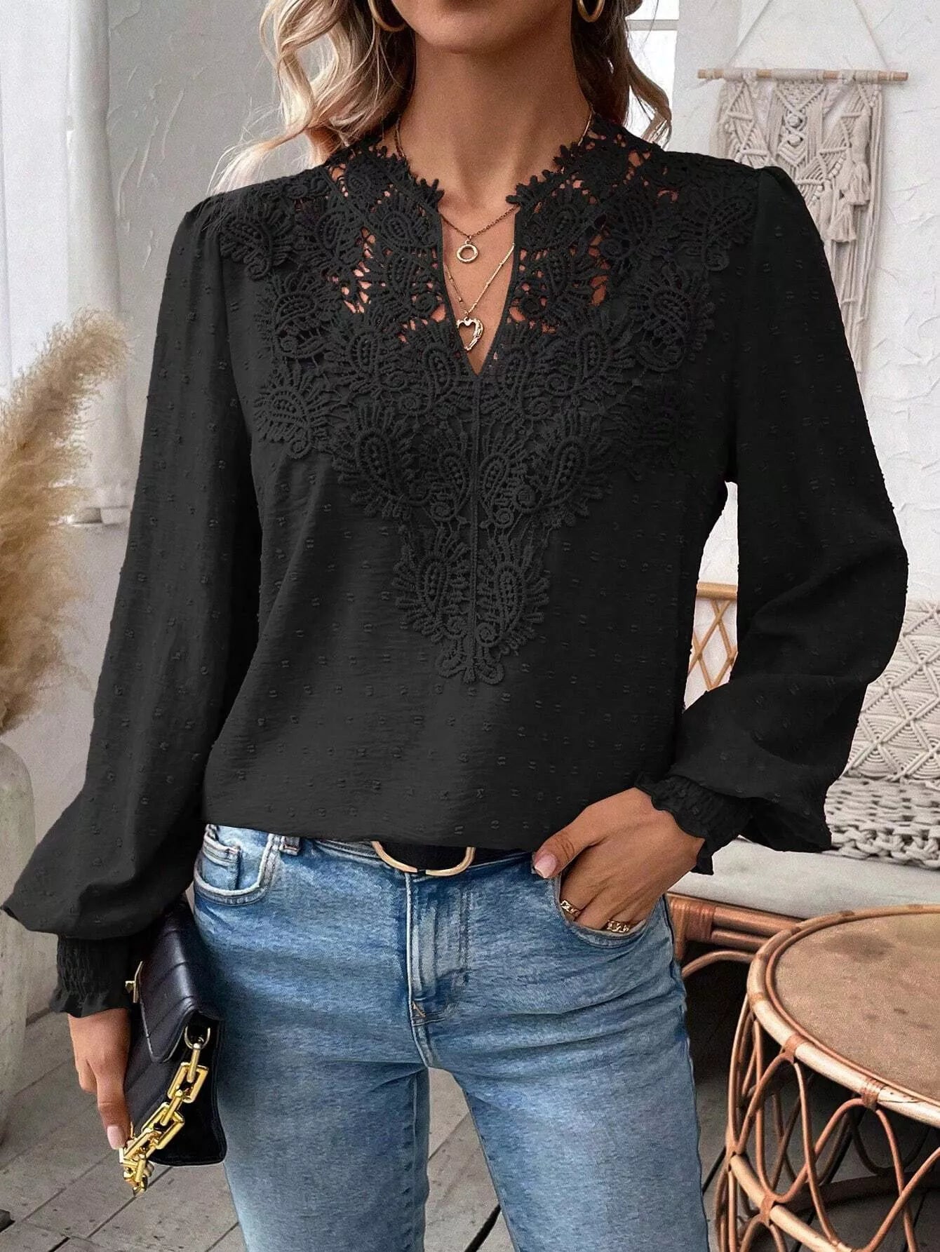 Sarah Express Women's Lace Trim Long Sleeve Blouse with Swiss Dot Detail Black