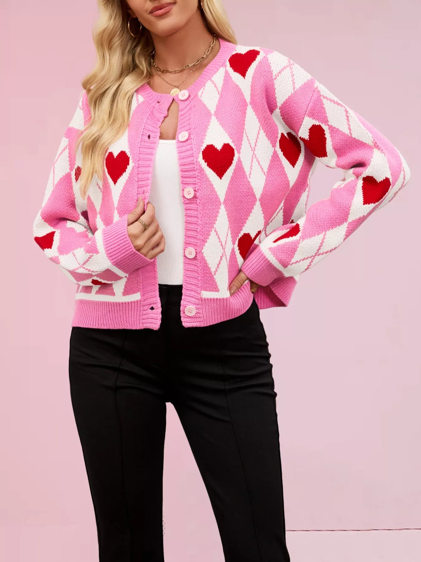 Sarah Express Women's Heart Pattern Button-Up Cardigan Fuchsia Pink