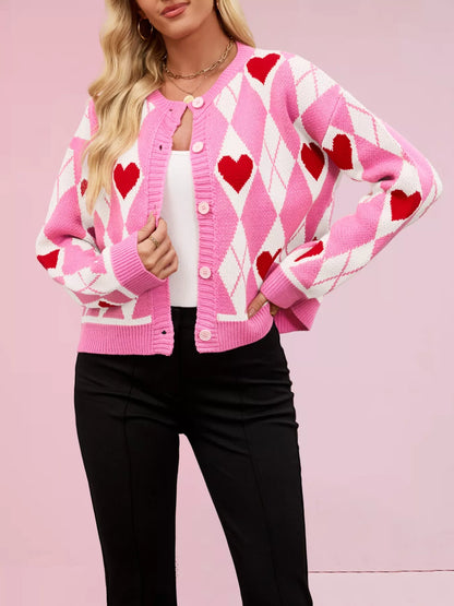 Sarah Express Women's Heart Pattern Button-Up Cardigan Fuchsia Pink
