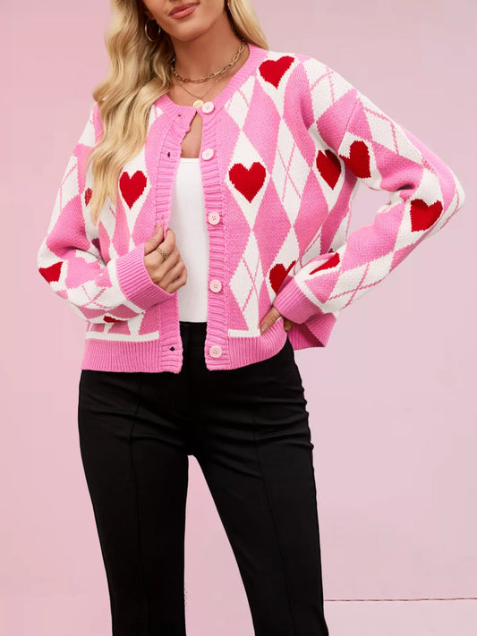 Sarah Express Women's Heart Pattern Button-Up Cardigan Fuchsia Pink