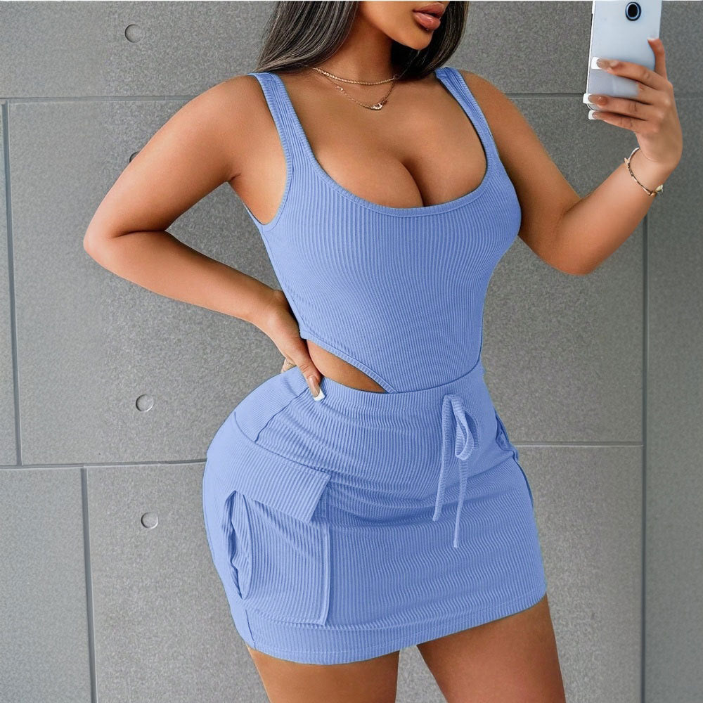 Sarah Express Women's Sleeveless Denim Jumpsuit with Skirt Overlay Two-Piece Set