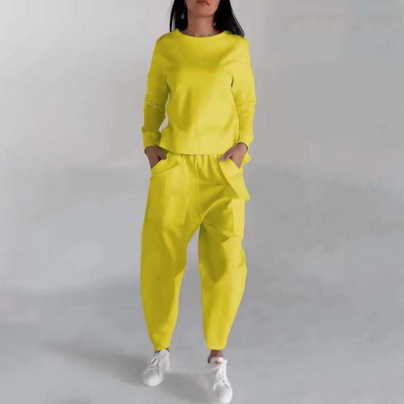 Sarah Express Women's Two Piece Sweatshirt Set - Long Sleeve Top with Back Slit & Loose Trousers with Pockets Yellow
