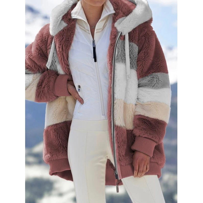 Women's Patchwork Hooded Short Jacket Plaid Grid Pattern Loose Fit Outerwear | Sarah Express