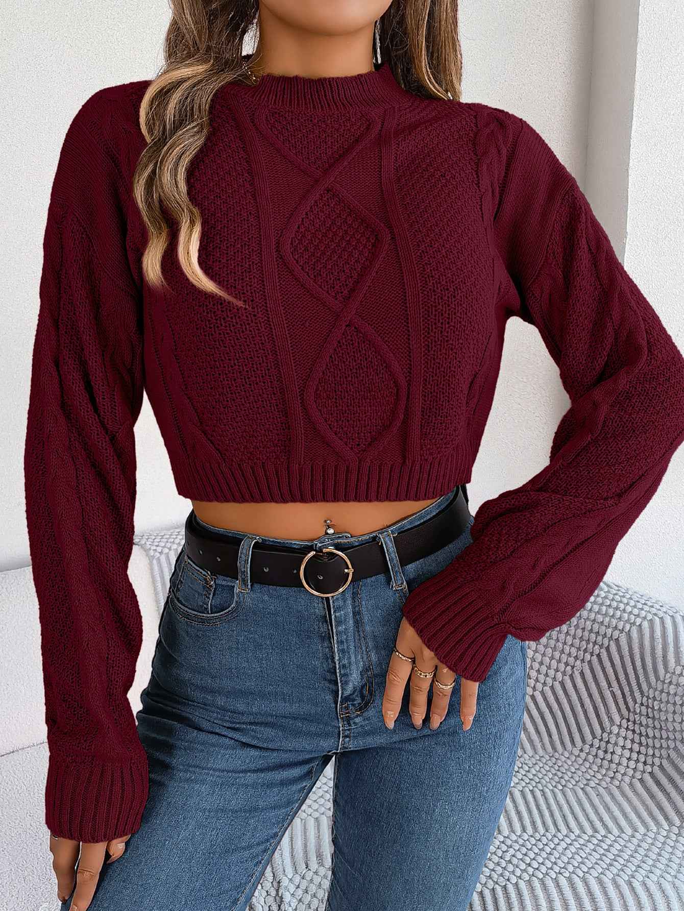Sarah Express Women's Cable Knit Cropped Pullover Sweater - Long Sleeve Solid Color