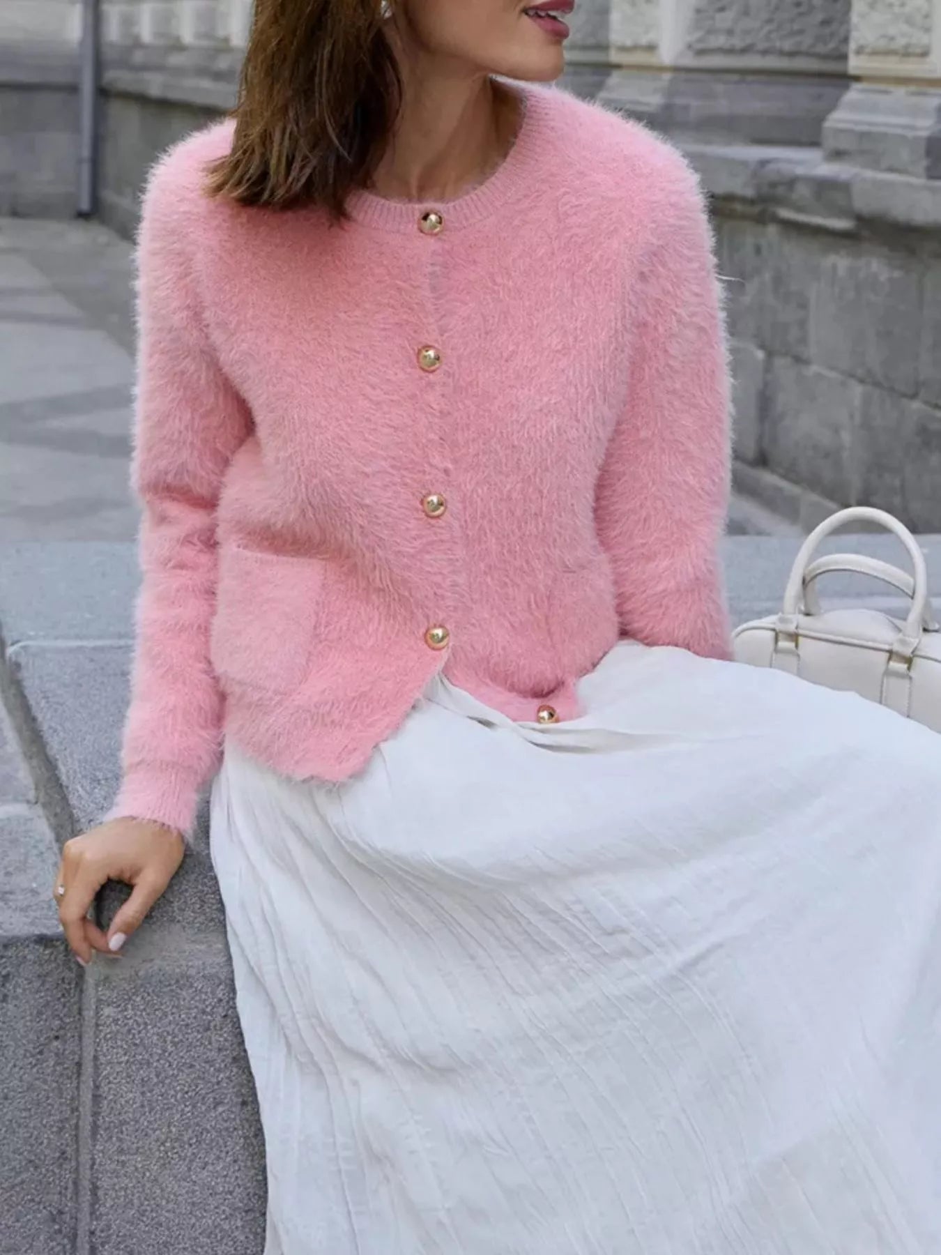 Sarah Express Women's Fluffy Knit Button Up Cardigan