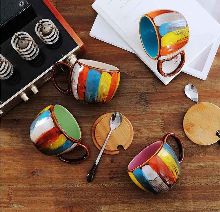 Sarah Express Ceramic Coffee Mug with Lid and Spoon - 350ml European Style Breakfast Cup Set