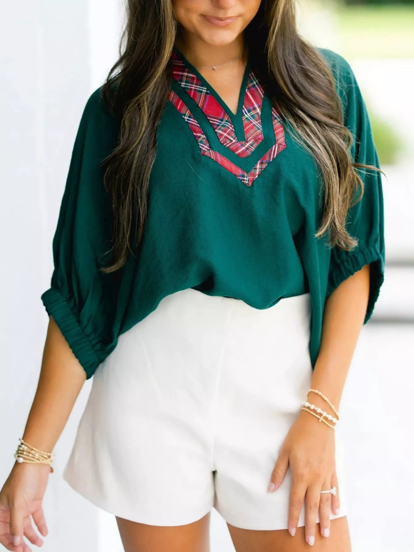 Sarah Express Women's Plaid Trim Half Sleeve Blouse Dark Green