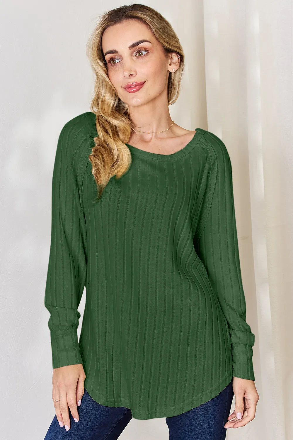 Sarah Express Women's Ribbed Round Neck Slit T-Shirt Green