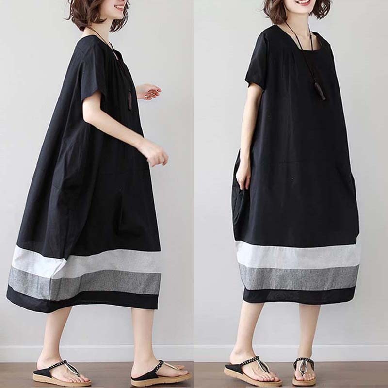 Sarah Express Women's Cotton Linen Midi Dress Short Sleeve Color Block - Casual Plus Size One Size Black