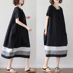 Sarah Express Women's Cotton Linen Midi Dress Short Sleeve Color Block - Casual Plus Size One Size Black