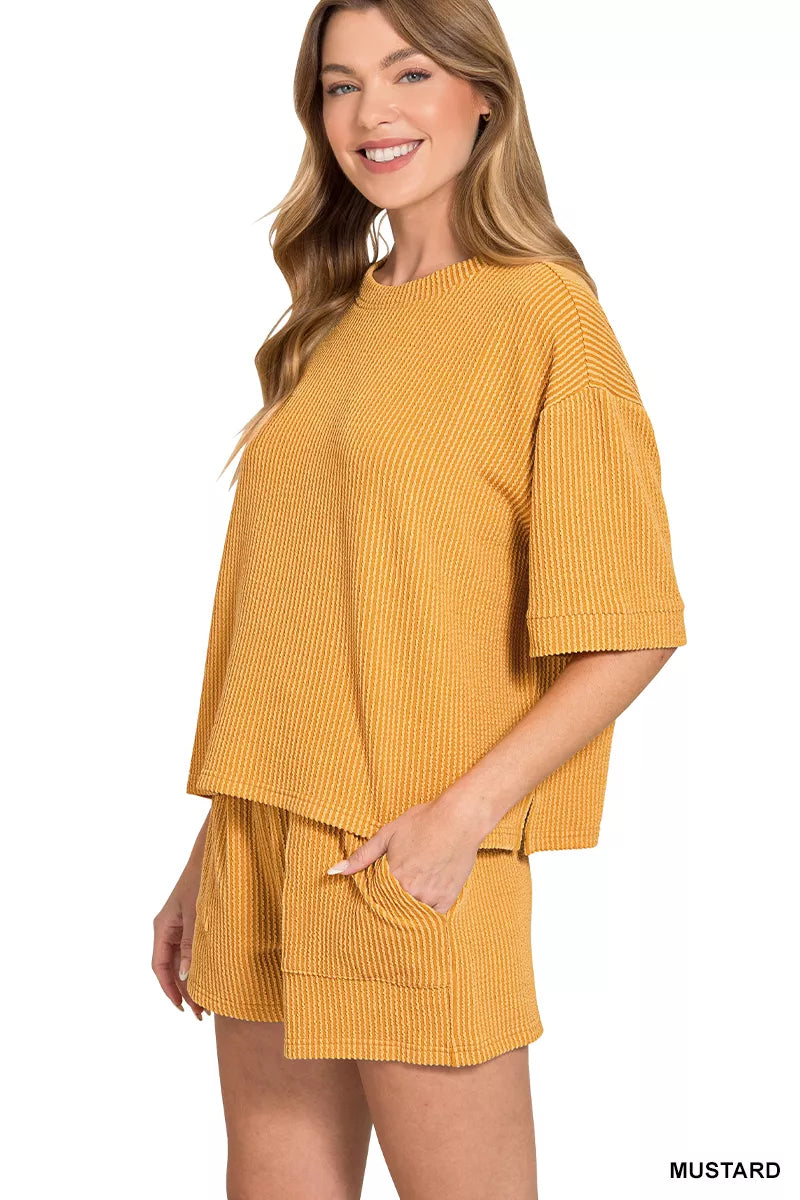 Sarah Express Women's Zenana Raised Rib Short Sleeve Tee and Drawstring Shorts Set