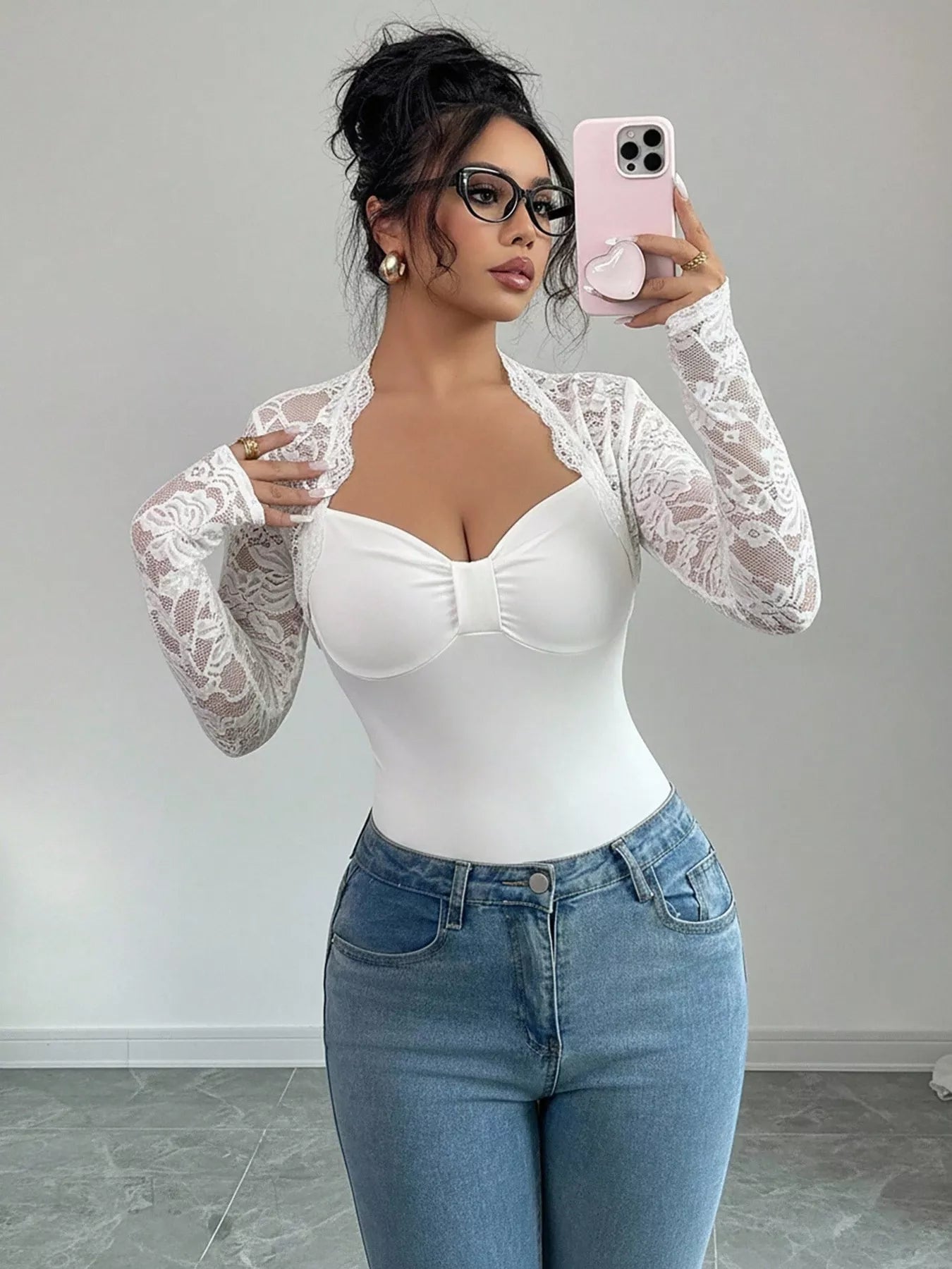 Sarah Express Women's Lace Sleeve Long Sleeve T-Shirt - Elegant Casual Top