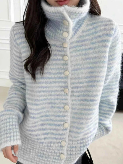 Sarah Express Women's Striped Knit Button-Down Cardigan - Cozy Acrylic Sweater