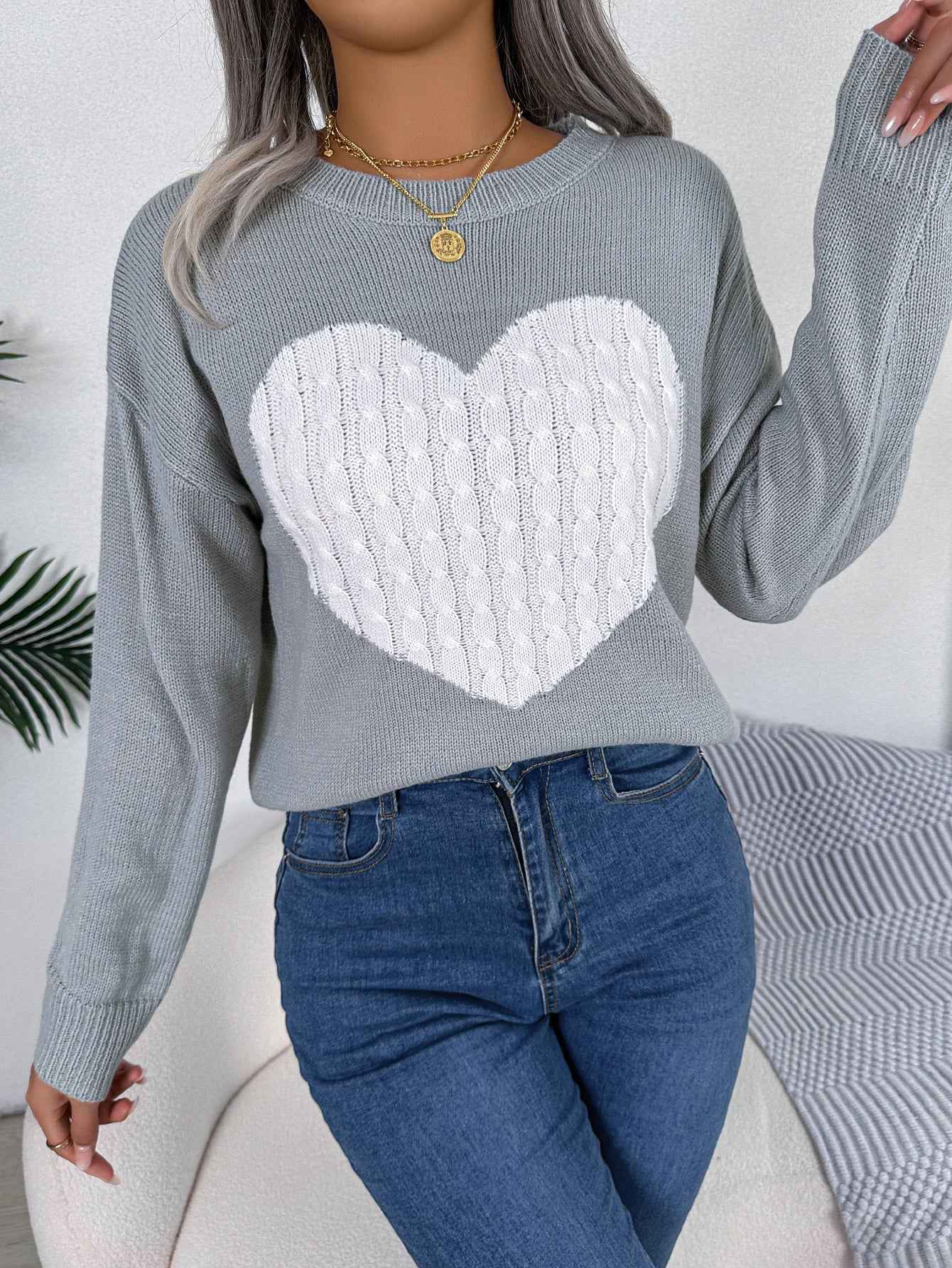 Sarah Express Women's Cable Knit Heart Pattern Pullover Sweater Long Sleeve Gray