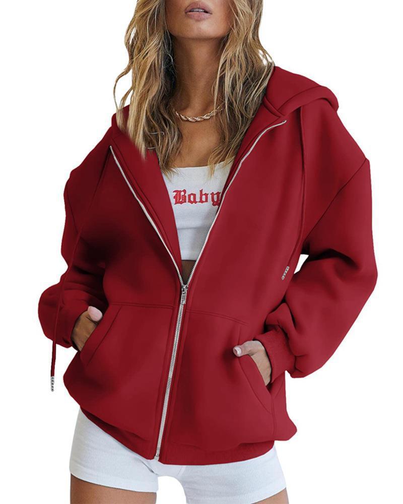 Sarah Express Women's Zip Up Hoodie Solid Color Drawstring Sweatshirt Casual Long Sleeve Fall Winter Top