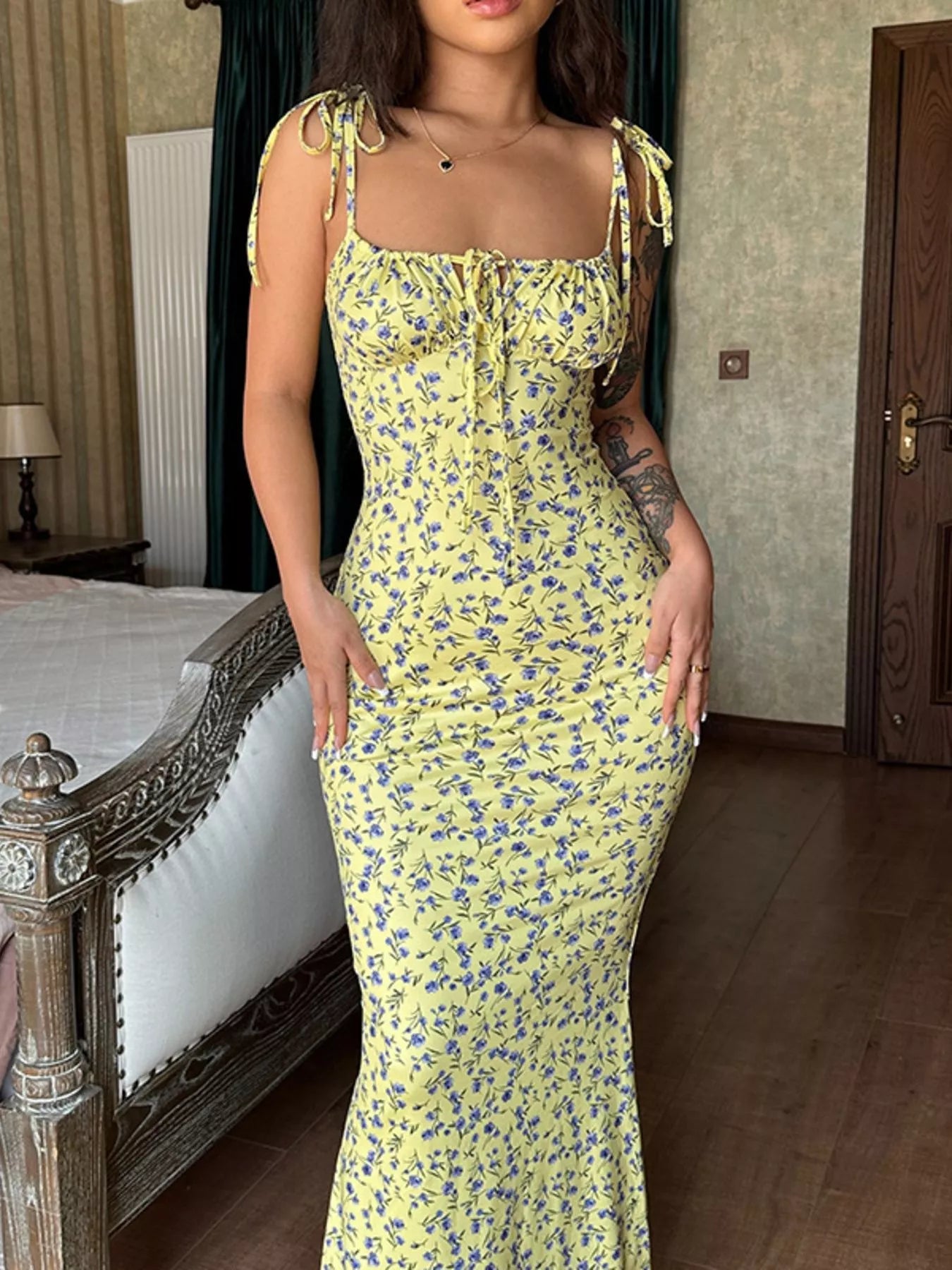 Sarah Express Women's Floral Print Tie Strap Bodycon Maxi Dress