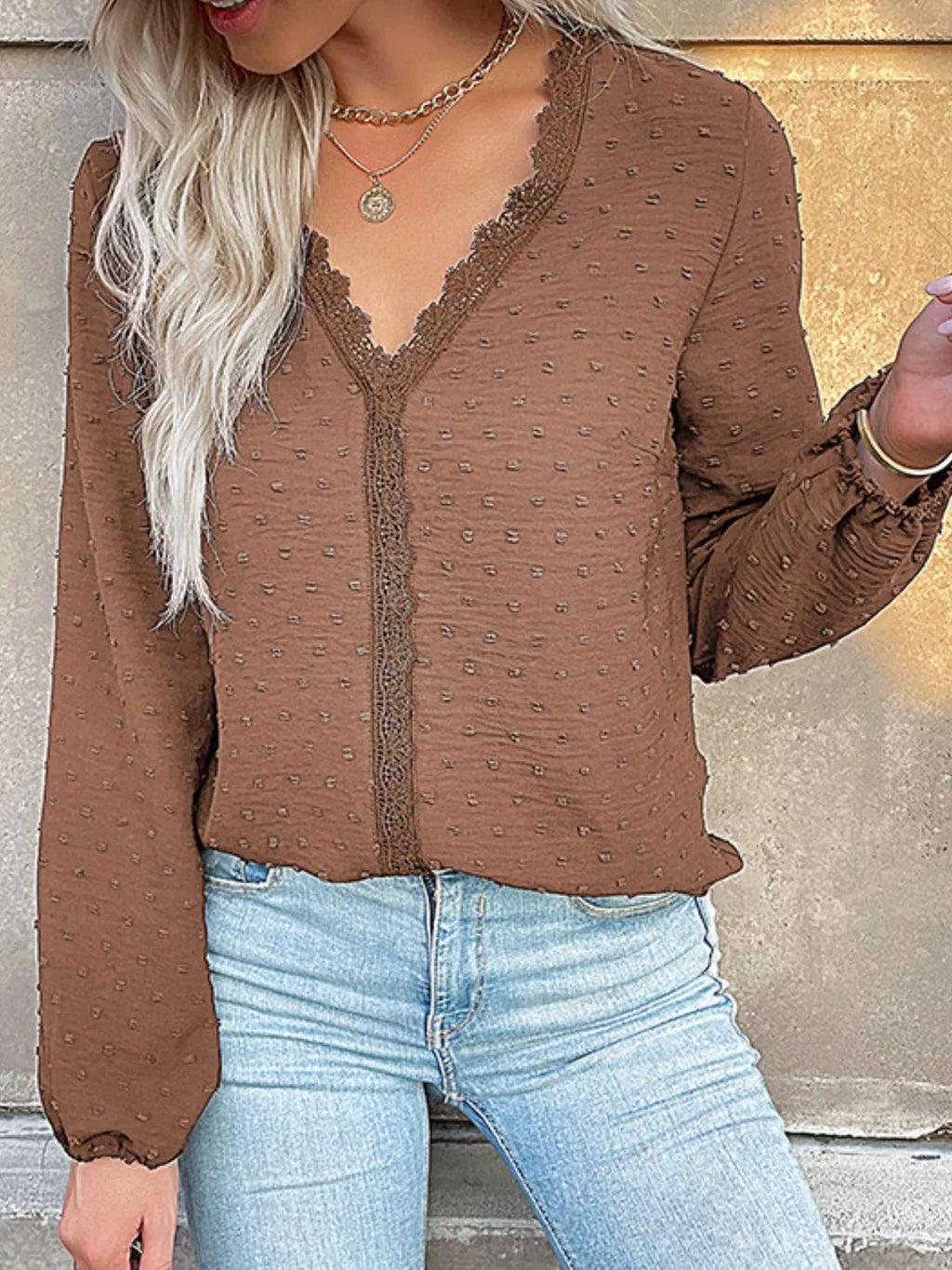 Sarah Express Women's Lace Detail V-Neck Long Sleeve Blouse