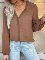 Sarah Express Women's Lace Detail V-Neck Long Sleeve Blouse