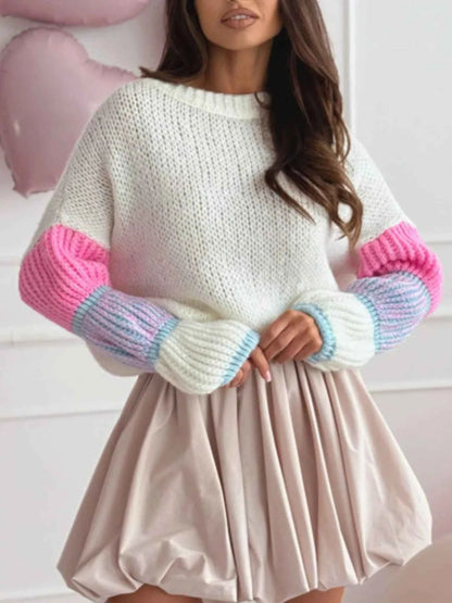 Sarah Express Women's Color Block Round Neck Sweater - Ribbed Knit Long Sleeve Pullover