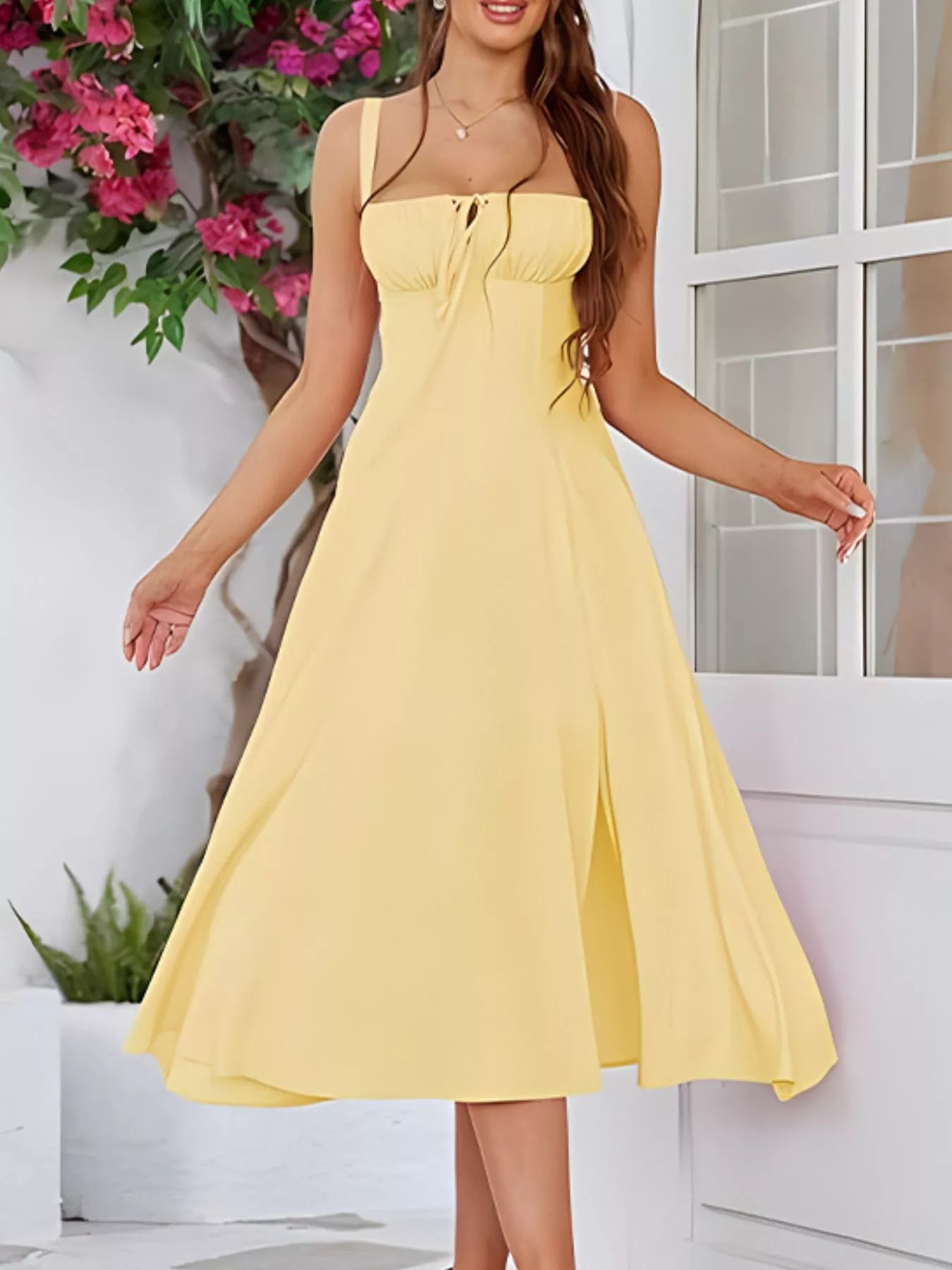Sarah Express Women's Tie-Front A-Line Midi Dress Yellow