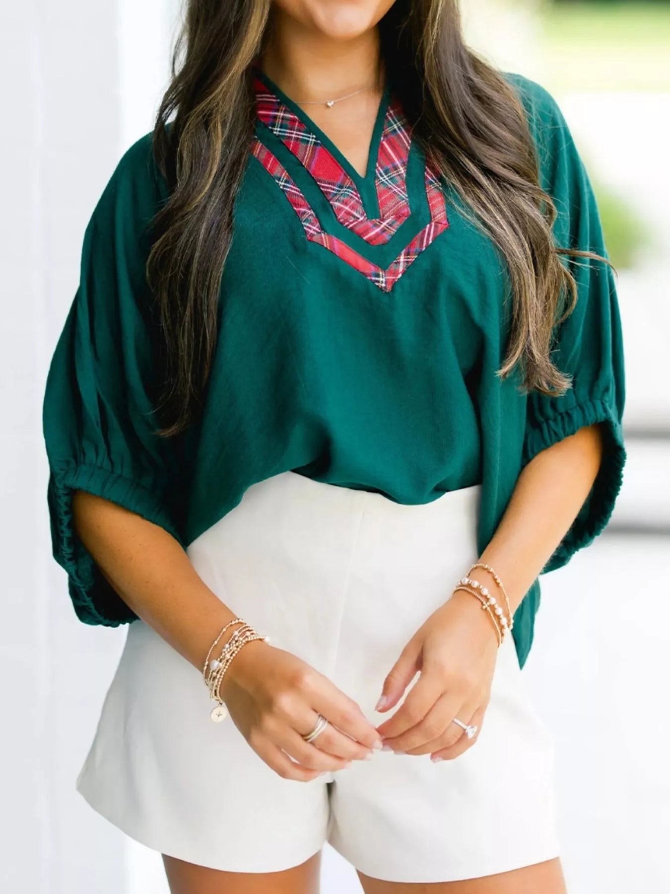 Sarah Express Women's Plaid Trim Half Sleeve Blouse