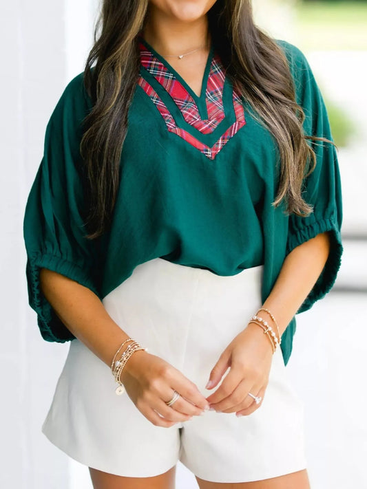 Sarah Express Women's Plaid Trim Half Sleeve Blouse