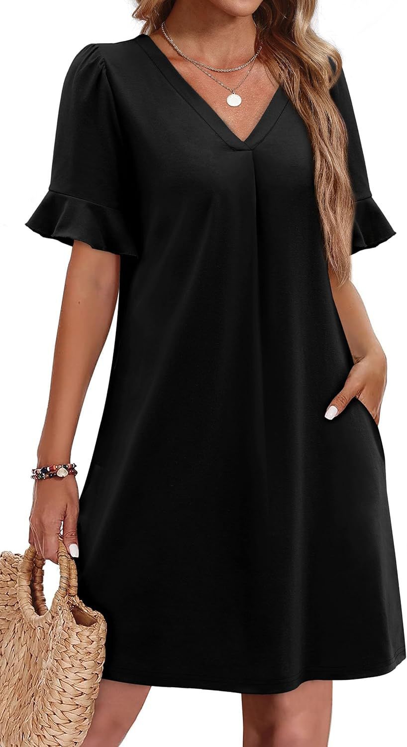 Sarah Express Women's V-Neck Ruffled A-Line Dress with Pockets Vacation Casual Short Sleeve