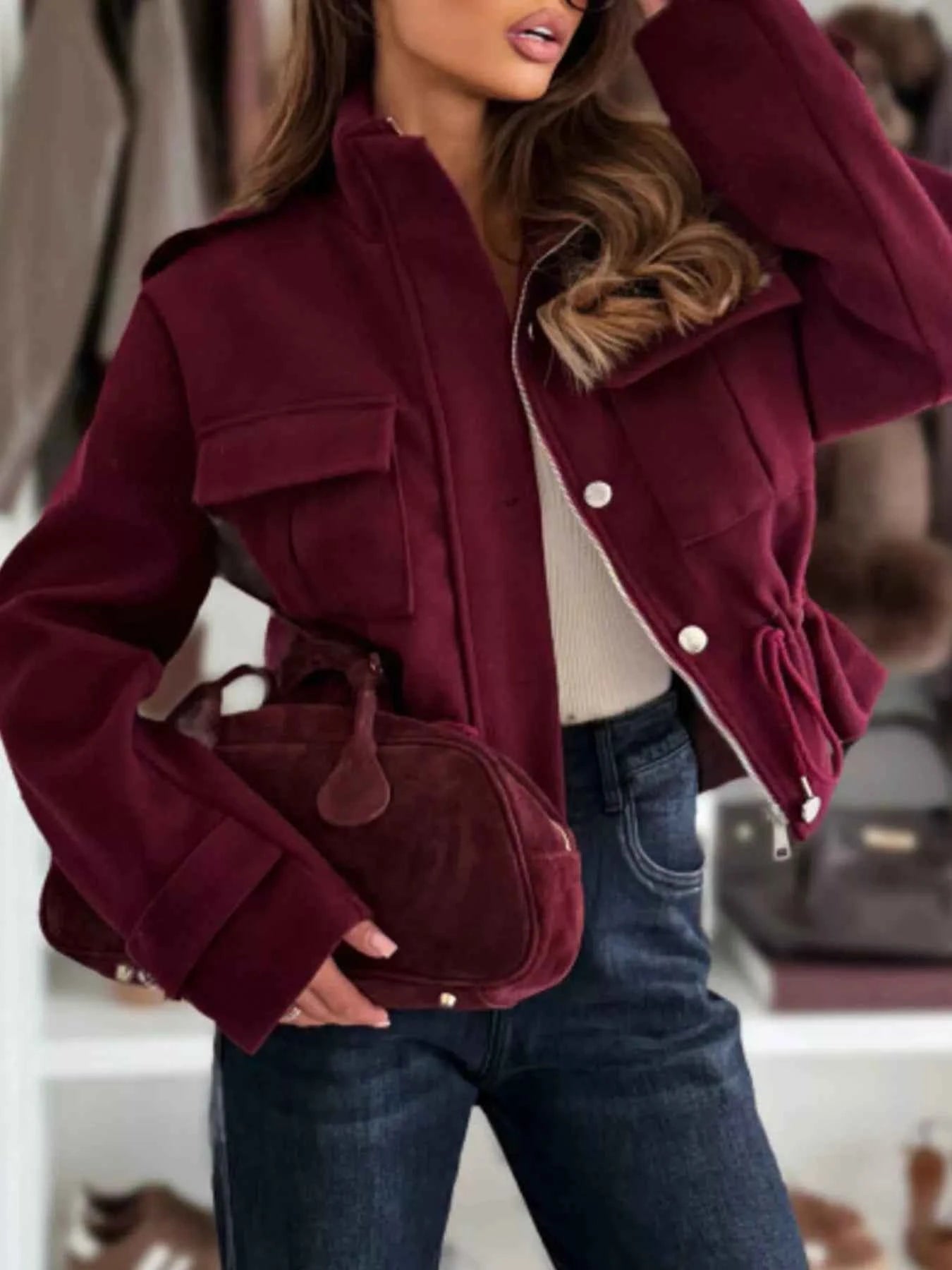 Sarah Express Women's Drawstring Button-Up Casual Jacket with Pockets Wine Red