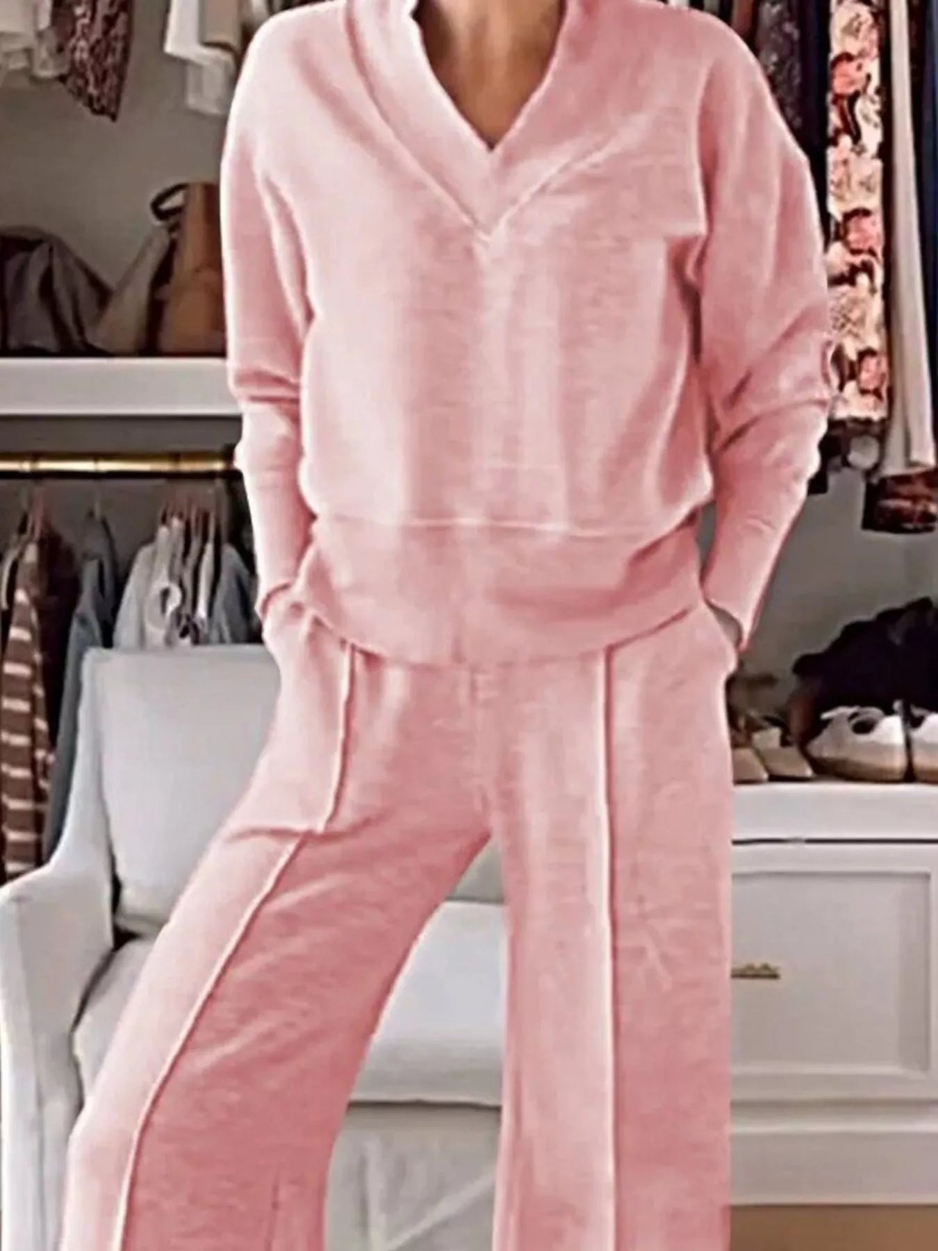 Sarah Express Women's Cozy V-Neck Top and Pants Lounge Set