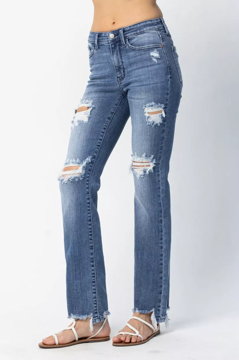 Sarah Express Women’s Plus Size Distressed Mid Rise Straight Jeans
