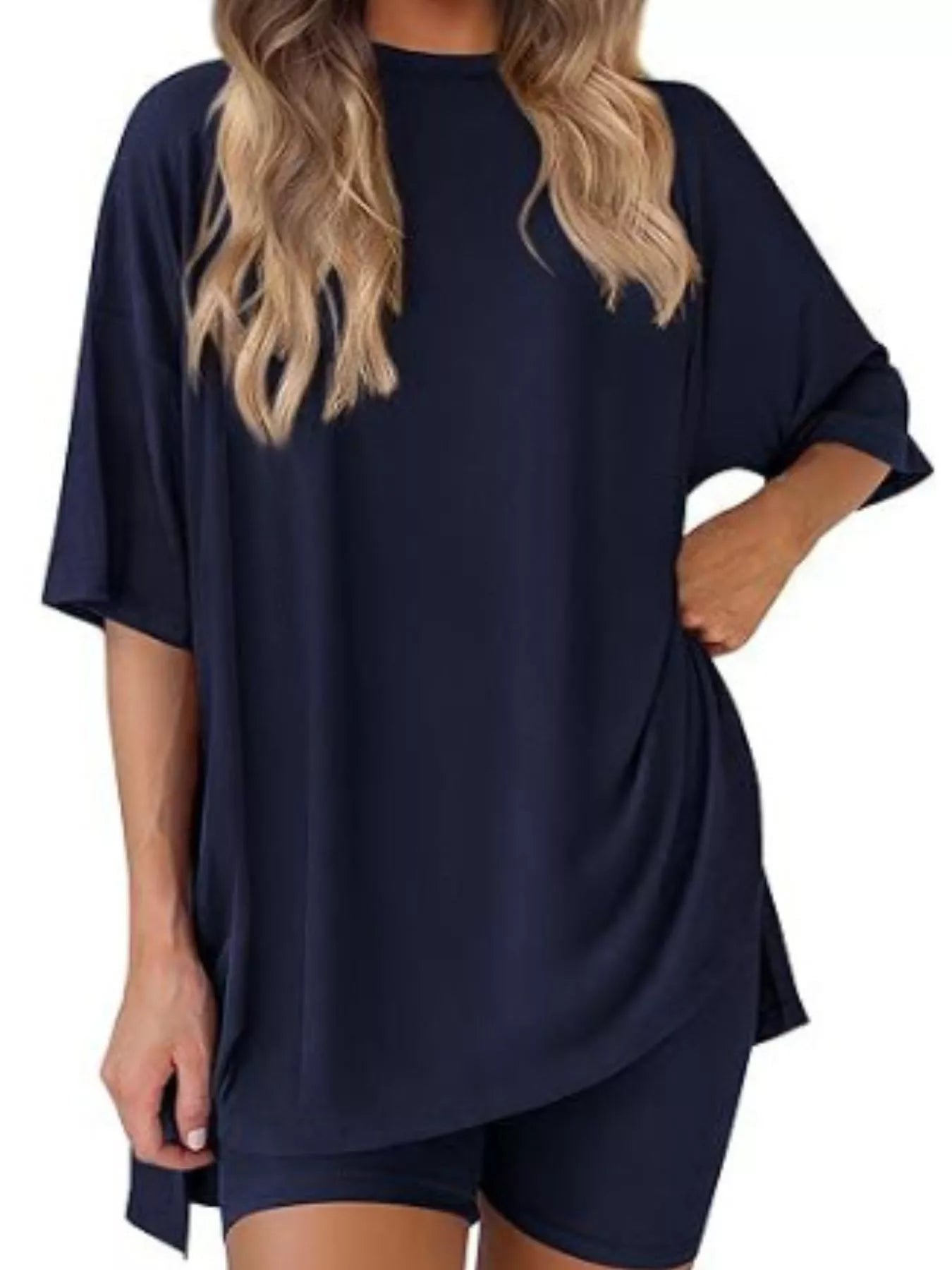 Sarah Express Women's Relaxed Fit Round Neck Top and Shorts Two-Piece Set - Plus Size Loungewear