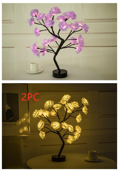 Sarah Express Rose Flower LED Table Lamp - USB Battery Operated Bonsai Tree Night Light for Bedroom Home Decor 2PCBY1Purple black