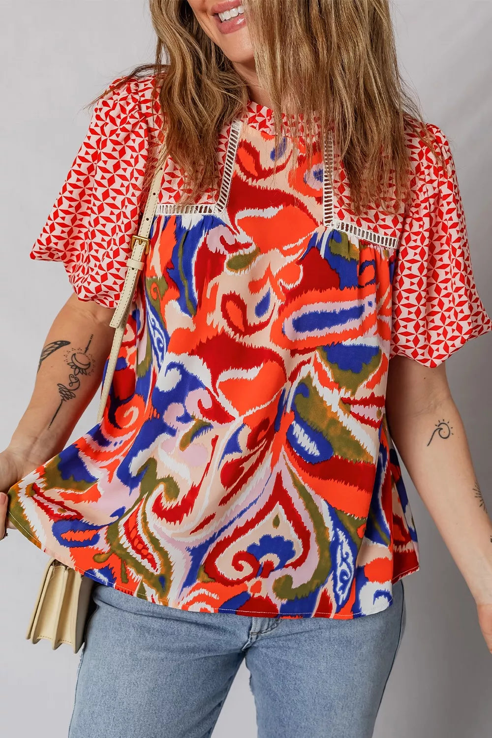 Sarah Express Women's Paisley Geometric Print Puff Sleeve Blouse