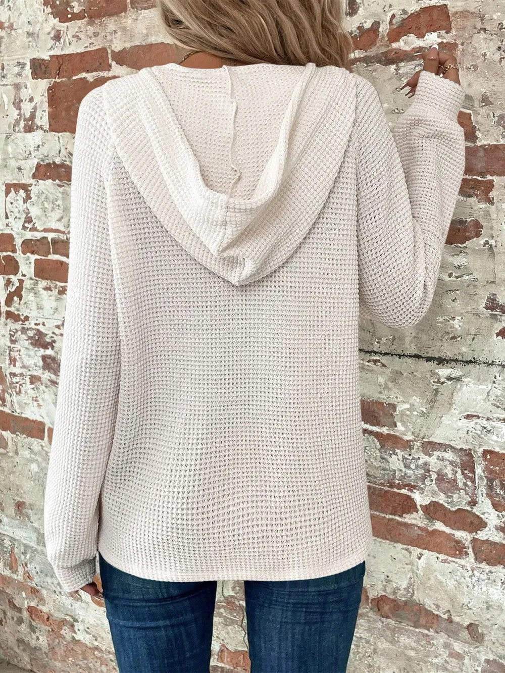 Sarah Express Women's Waffle Knit Long Sleeve Drawstring Hooded Top