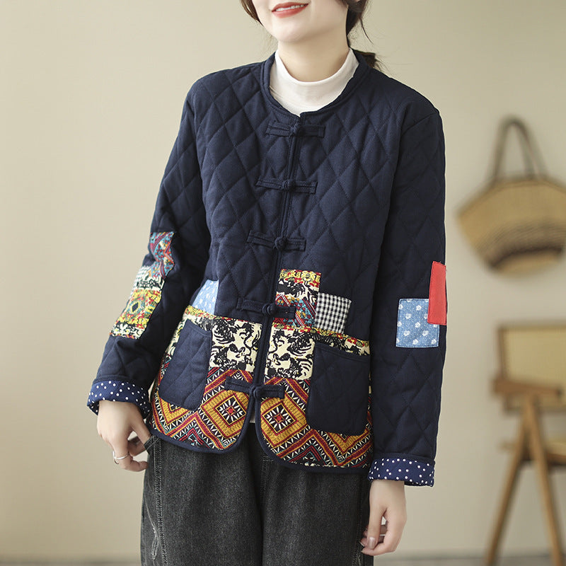 Sarah Express Women's Vintage Patch Cardigan Jacket Cotton-Padded Buckle Closure Rhombus Pattern Coat